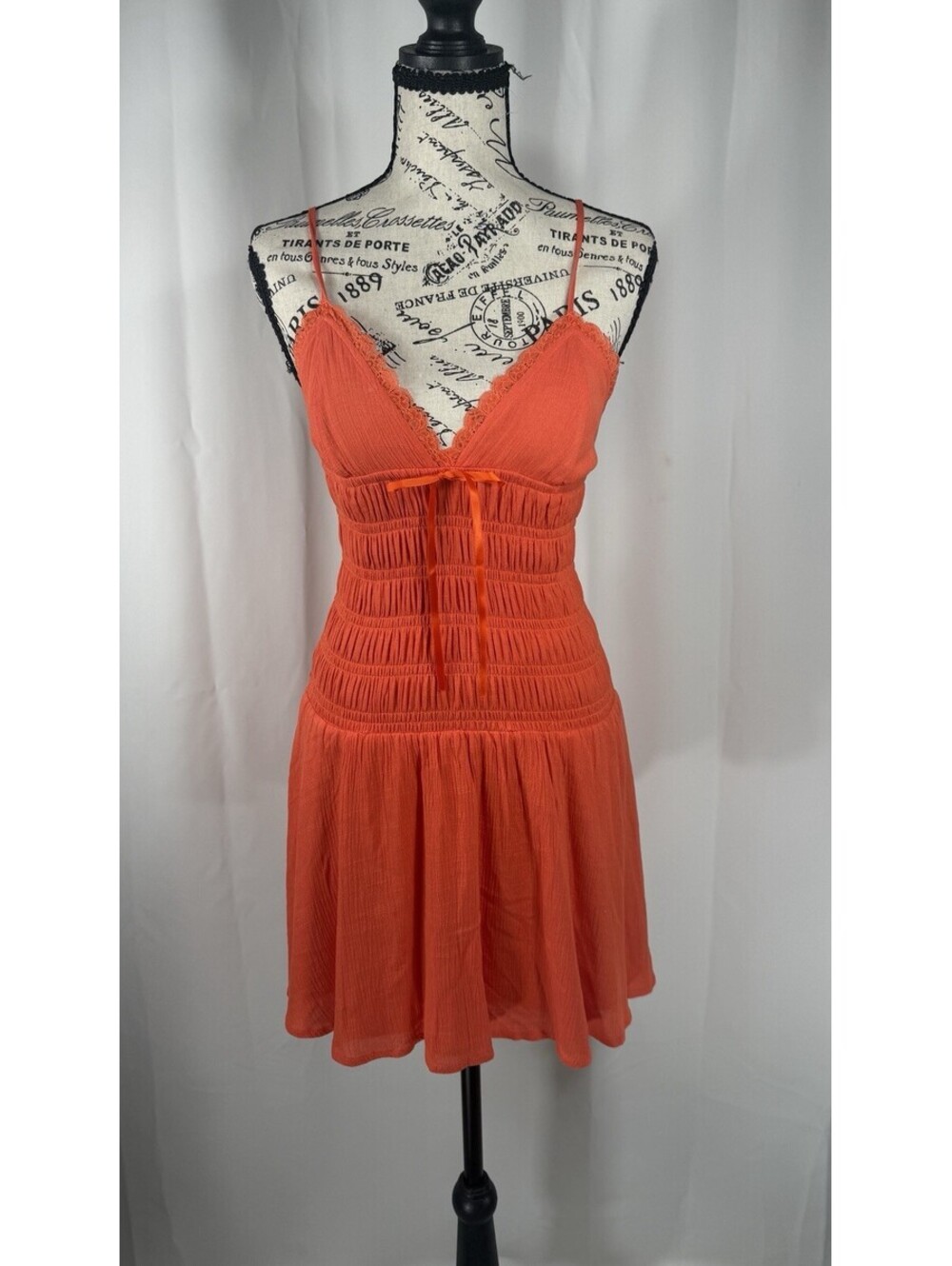 Sky to Moon Womens Small Orange Smocked Mini Dress Boho Coquette Summer Festival